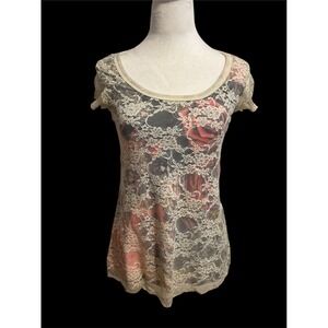Vintage Y2K 90s fitted lace mesh longline t shirt sheer short lace sleeves